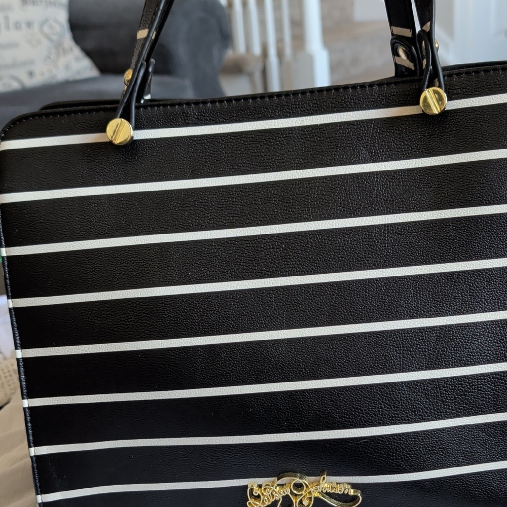 Betsey Johnson Black and White Striped Tote with Gold Accents
